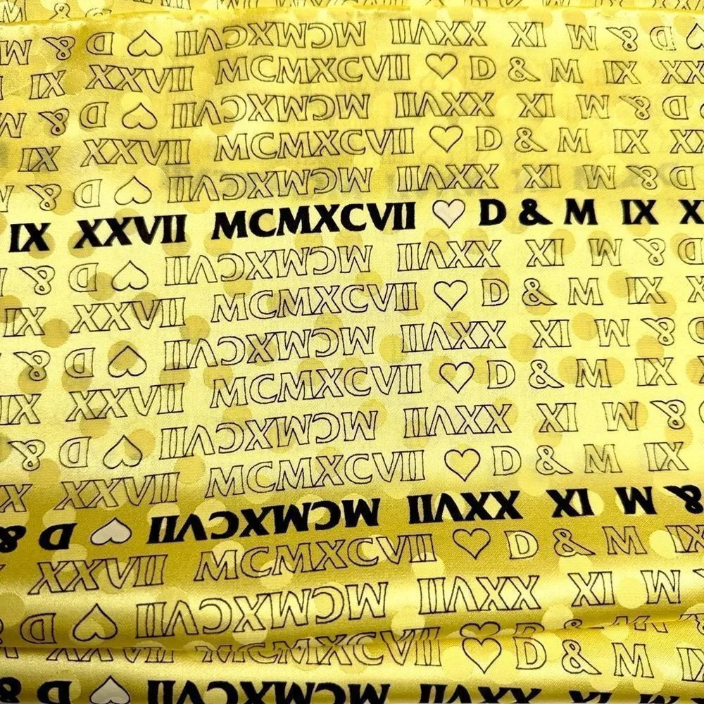 Yellow Silk Satin Scarf Roman Numerals and Initials Print Hand Rolled 34x34